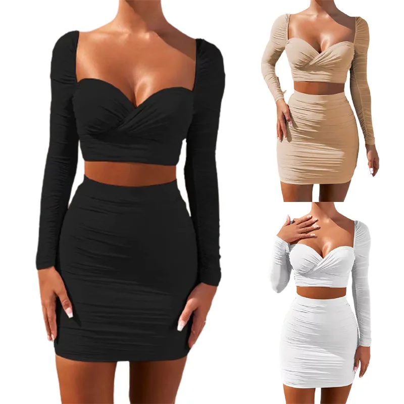 

New Arrival Autumn Women Ribbed V-neck Long Sleeve Bodycon Two Piece Set Party Club Long White Casual Dresses