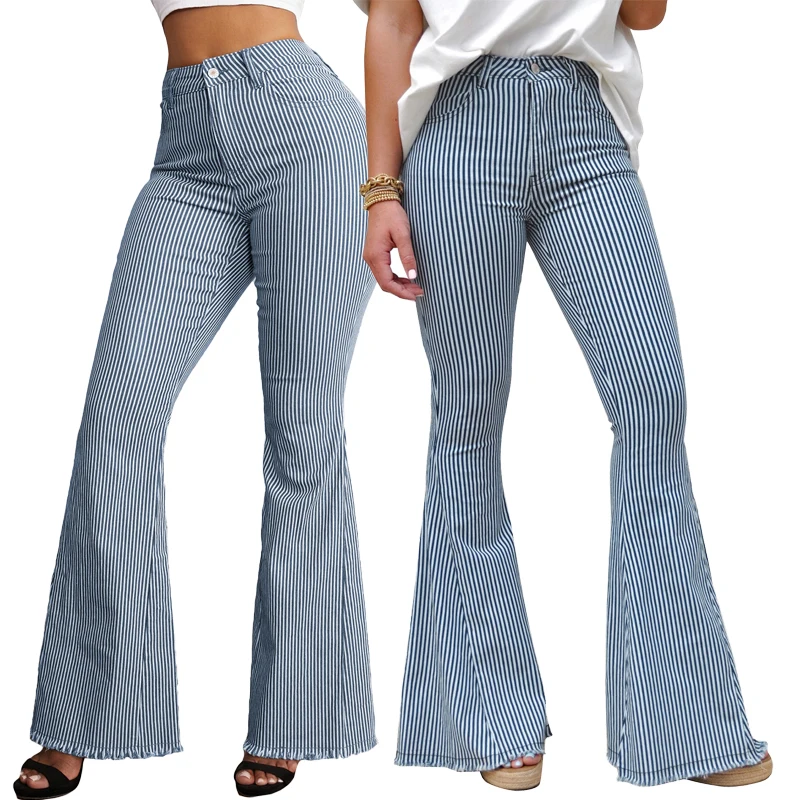

Factory Customized High Waist Stripe Bell Bottoms Women Denim Jeans