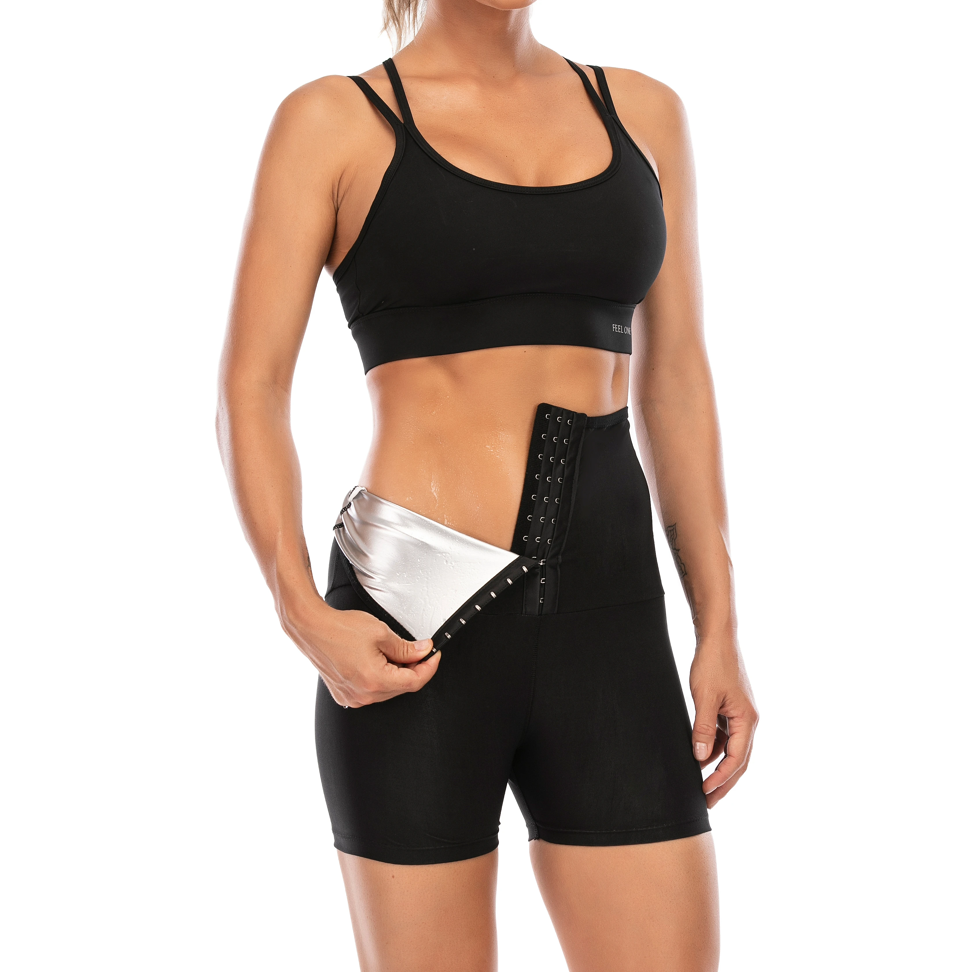 

Womens Sweat Pants Fitness Shorts Slimming Sauna Effect Shorts with Hooks, Black