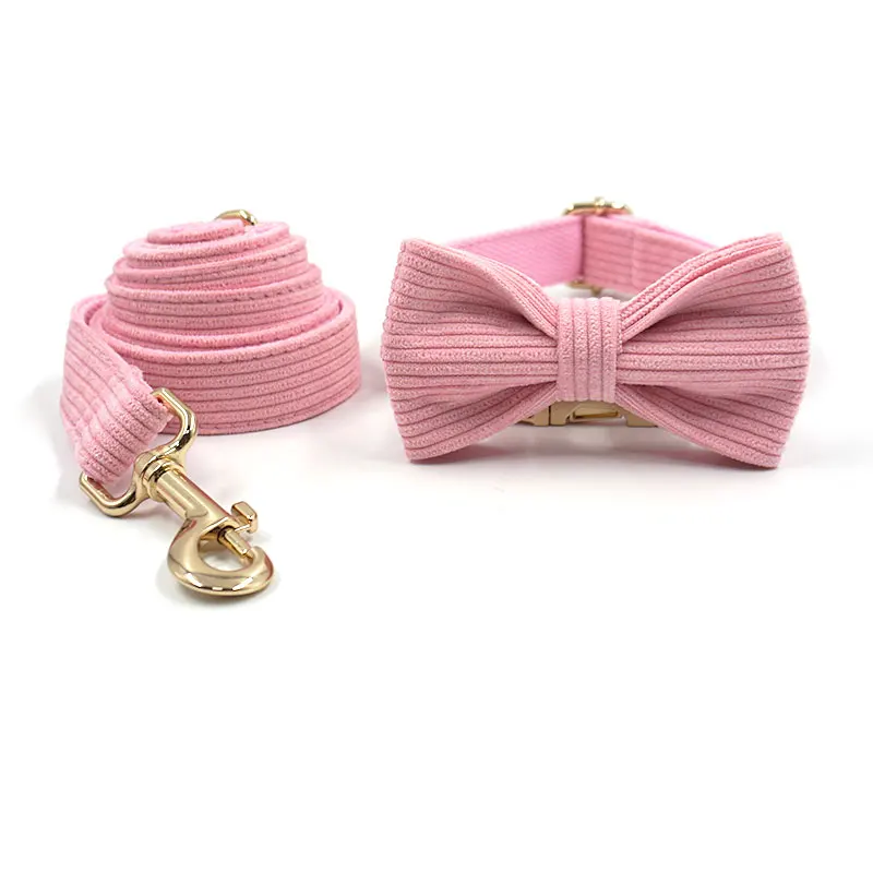 

New arrive fashion design princess style light pink corduroy dog collar good price elegant pet collar and leash bow tie