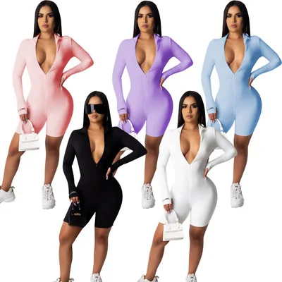 

B34938A 2020 Wholesale women pure color front zipper short bandage jumpsuit
