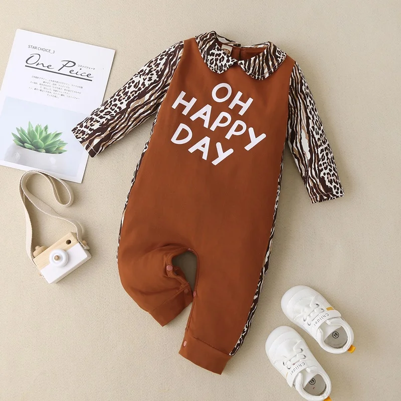 

Spring Fall Baby Boy Romper Letter Patchwork Leopard Print Peter Pan Collar Long Sleeve Baby Romper Fashion Baby Jumpsuit 0-18M