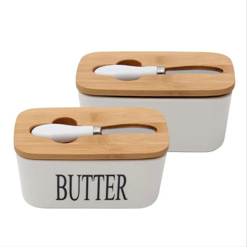 

YIDING Nordic Style Ceramic Butter Box Cheese Dish With Bamboo Lid Food Storage Tray Plate Container for Kitchen