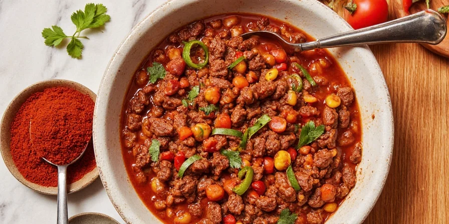 Dark cocoa powder mixed into chili