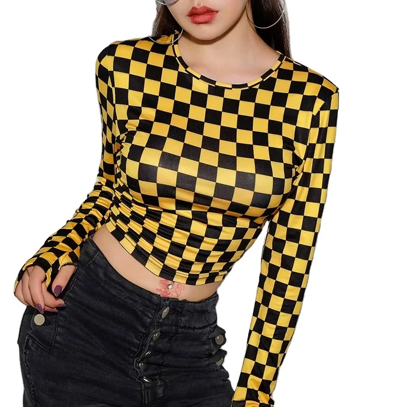 

sexy womens plaid crop top t shirt hipster hip hop t-shirt women's slim shirt