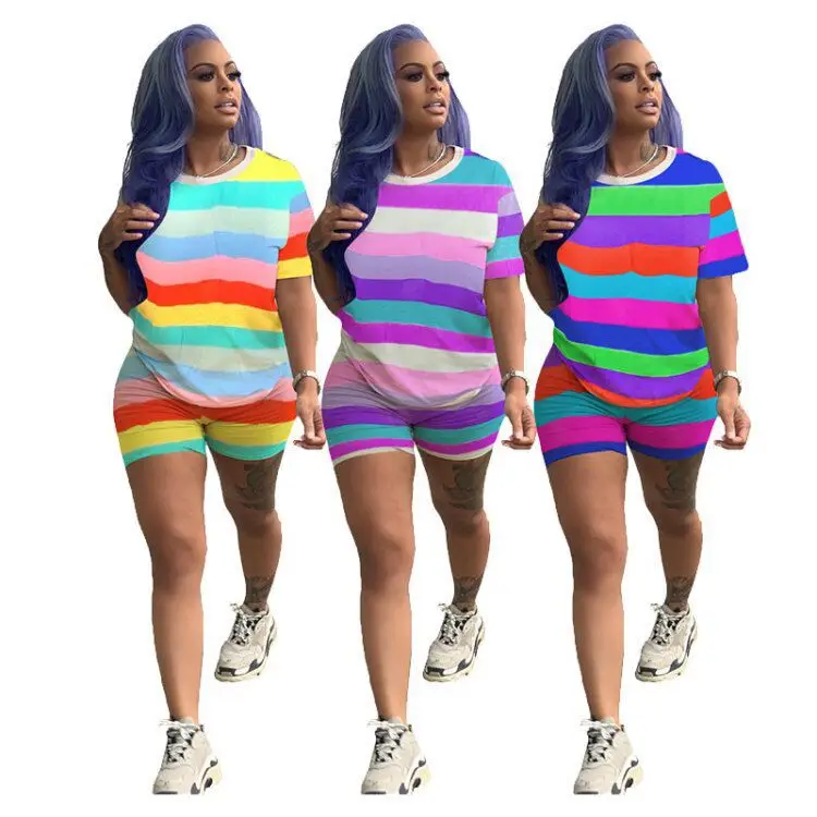 

Fashion rainbow Tops Printed striped Color Shorts Sets Tracksuit 2020 Running Workout plus XXXL size tracksuits for women Biker, Roseo orange