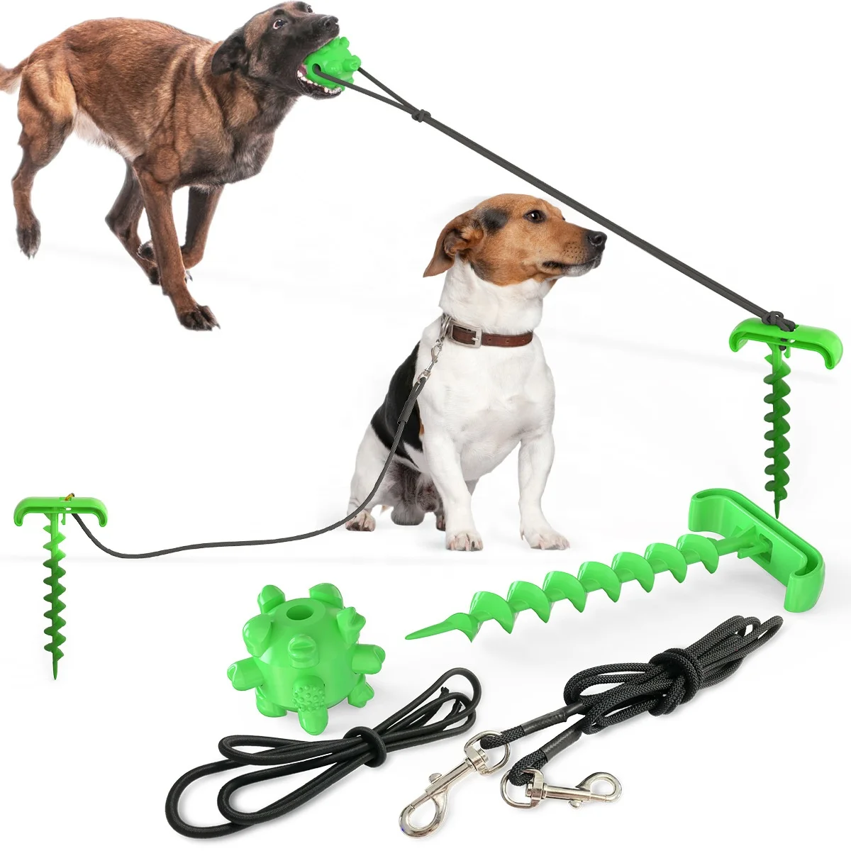 

Sohpety Camping Backyard Sturdy Stake Dog Tie Out With Elasticity Pet Chain Chew Toy Set, Yellow/blue/green