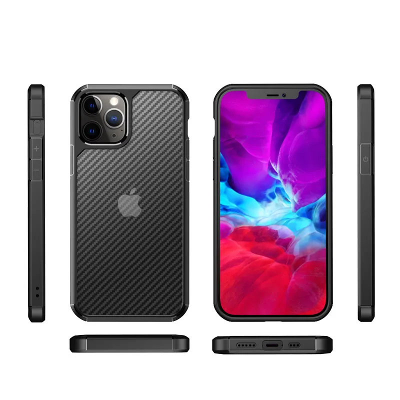 

Mobile Phone Case Carbon Fiber Matte Pattern TPU PC Anti-fall Protective Shockproof Cover For iPhone 12 Pro Max, Black