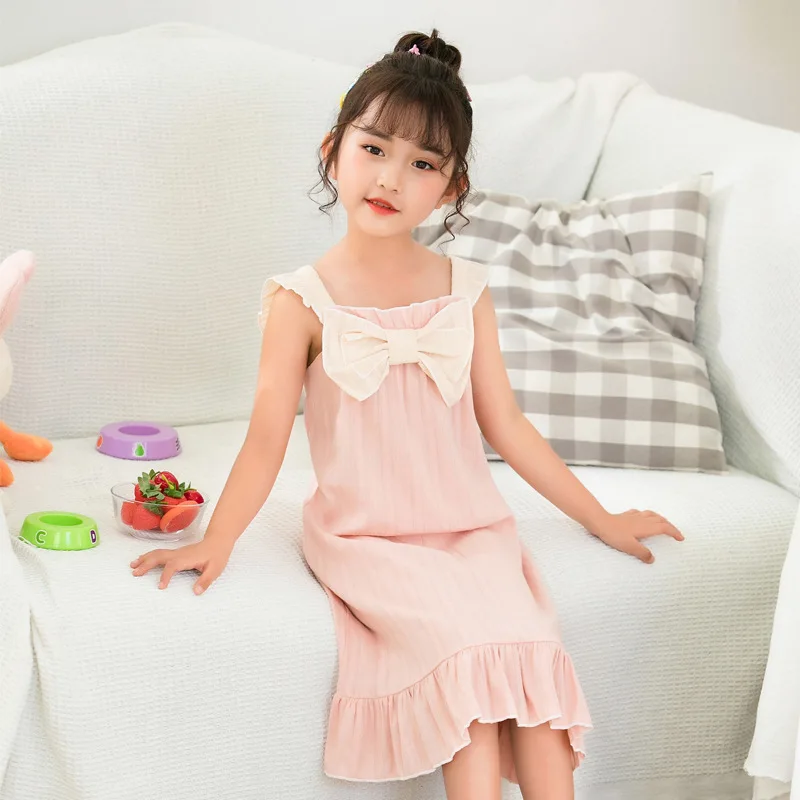 

Children's Vest sling bow Cute Princess woven cotton nightdress children's home clothes girls night dress kids pajamas set