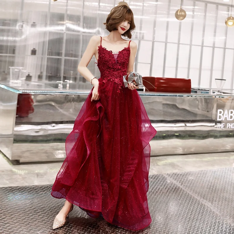 

Slim floor Long Evening Dress backless off shoulder Gauze red women party dress, As shown