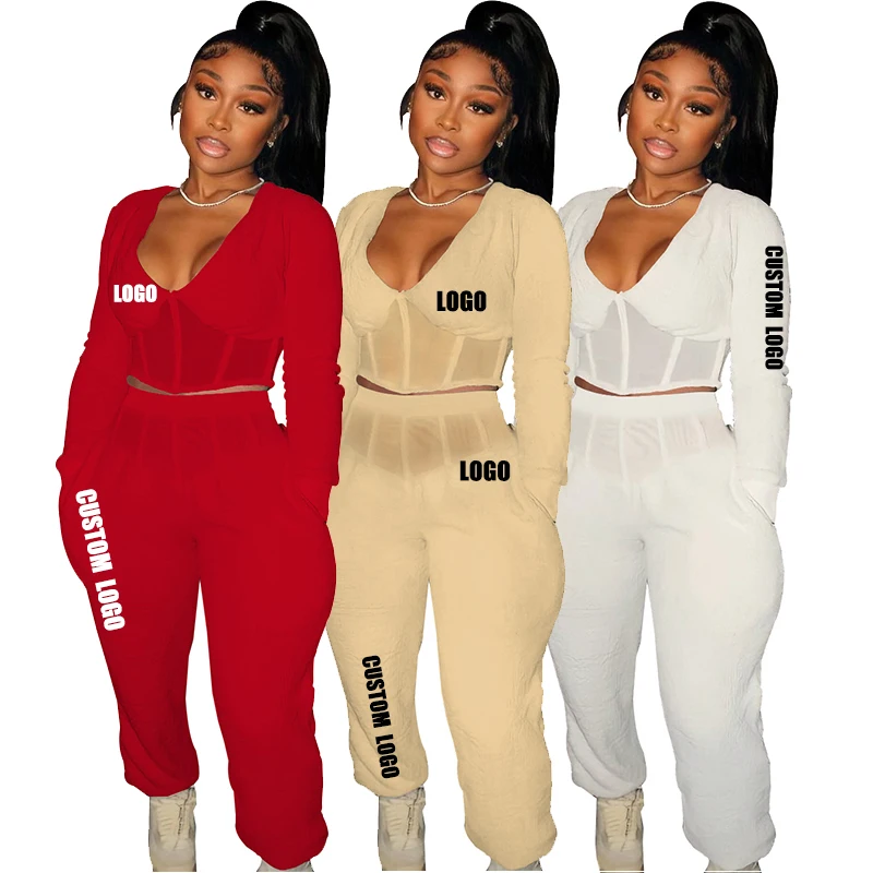

Custom Logo Fall New Plus Size Casual Crop Top and Pants Suit Hoodie Solid Color Rib Zipper Jogger Sweatpants Two Piece Set, Multi color optional