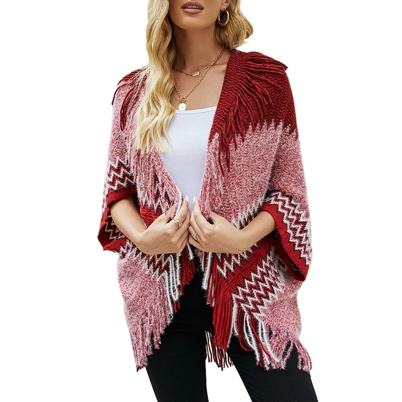 

Stylish V Neck Pullover Winter Knitted towel Capes Shawl Poncho cardigan Sweater Coat with Tassels for Women
