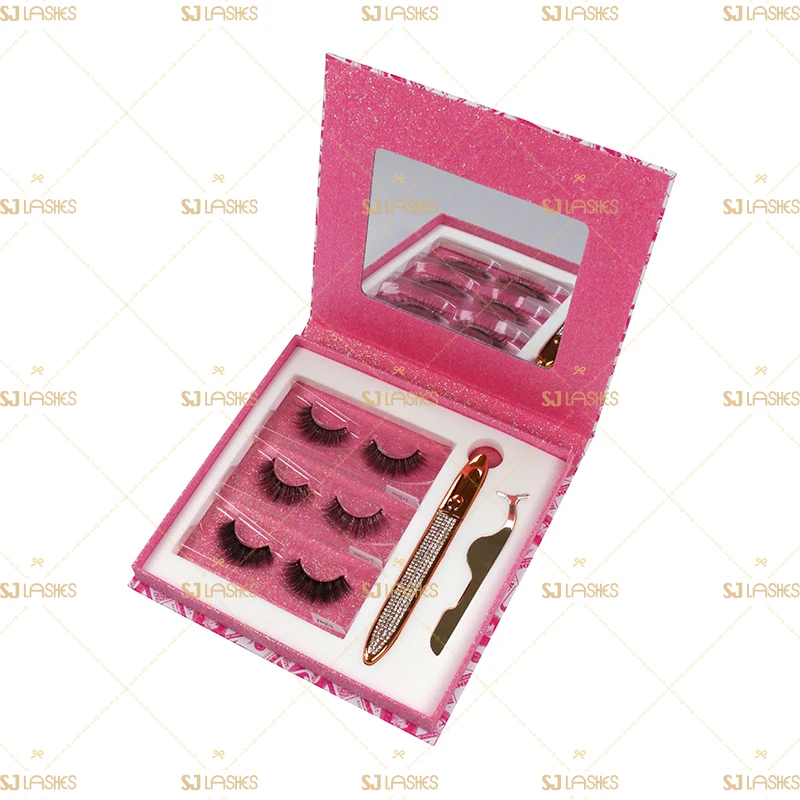 

Pink Dollar Glitter Box With 4D Silk Faux Eyelash Metal Applicator Glue Eyeliner Lash Bundle Custom Private Label Packaging Box, Natural black