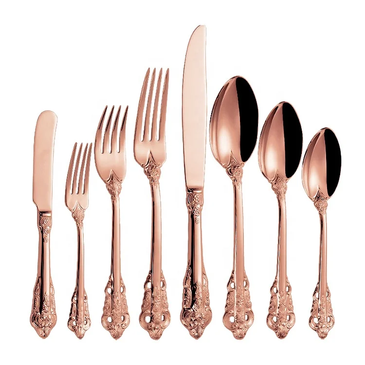 

Royal Vintage 304 Flatware Embossment Rose Gold Knife Fork Spoon Silverware Stainless Steel luxury Cutlery Set, Gold pvd coating