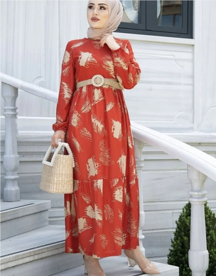

2022The Arab Plus Size Casual Ethnic Lady Women's clothing Print Round Neck Long Sleeve Waist Belt New Mid Length Dress muslim