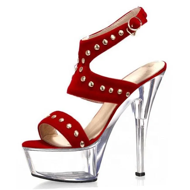 

Women High Platform Single Band Sandals 17/20cm Stiletto for Fetish Stage Model Stripper Show Shoes Rivets Studded Pumps, Red black blue