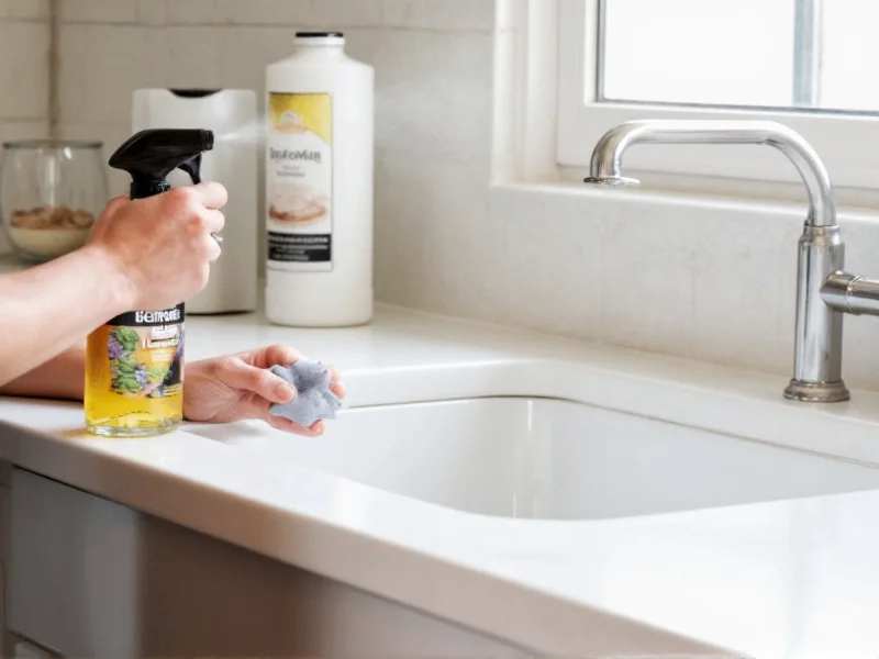 Spraying homemade cleaner on kitchen counter