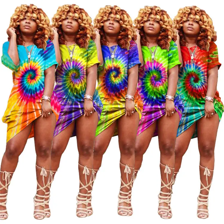 

Colorful sun dresses 2021 maxi tie dye printing off the shoulder sun flower oversized loose midi dress