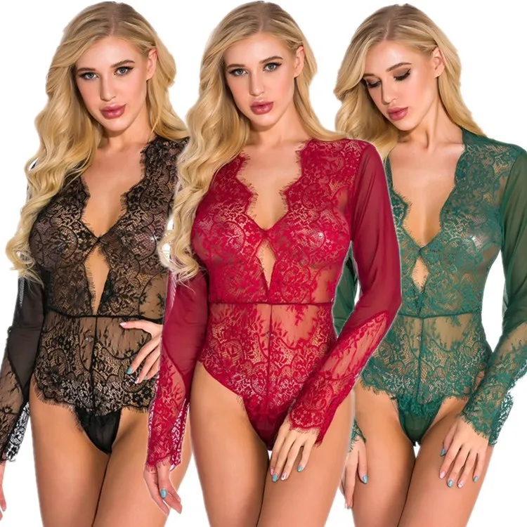 

Popular One Piece Hot Sexy Lace Mesh Corsets Erotic Floral Vintage Jumpsuit Transparent Bodysuit Lingerie for women