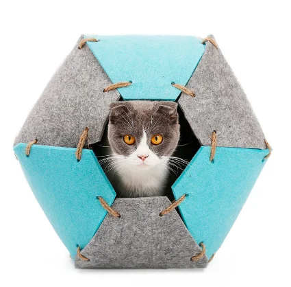 

Removable Pet Furniture 4 In 1 Functional Cat Cave Bed Nature Felt Handcrafted Cat House Bed with woven rope, Blue