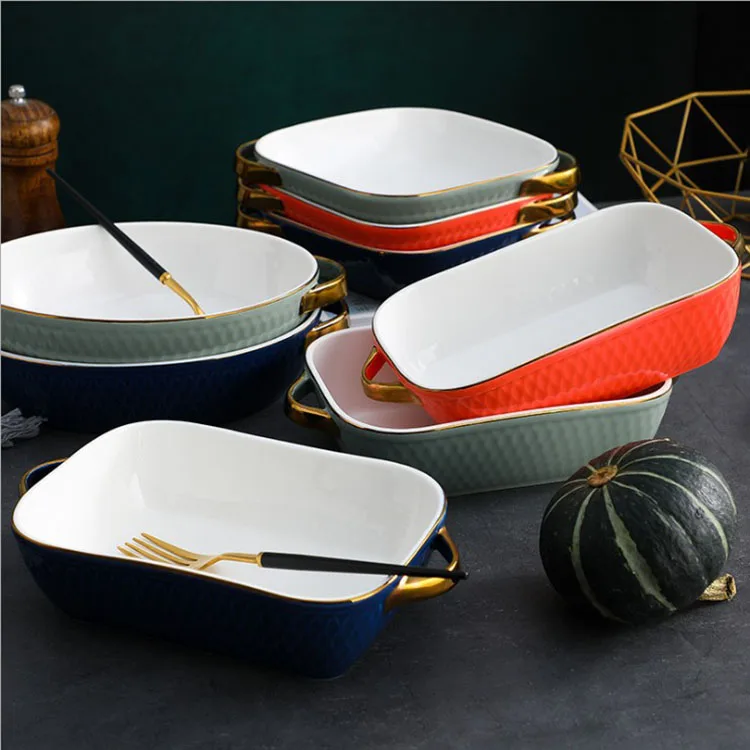 

Creative oven microwave use paella baking tray tableware ceramic baking tray with gold handle