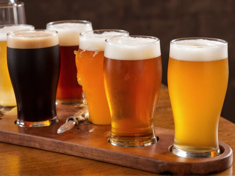 Craft beer flight with various ales in proper glassware