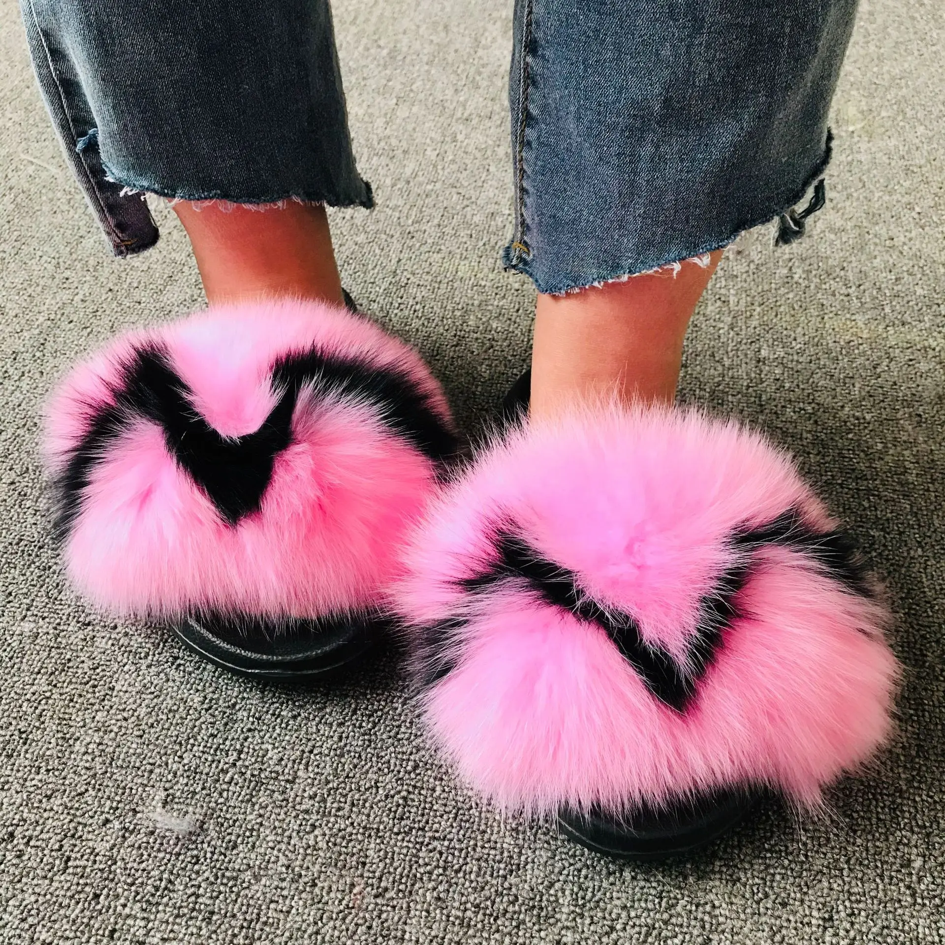 

New Arrival Summer Outwear PVC Sole Real Fox Fur Slippers Soft Fur Slides