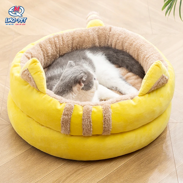 

wholesale Semi-enclosed cat kennel four seasons comfort plush pet nest cat bed small dog Beds, Pink, yellow, grey