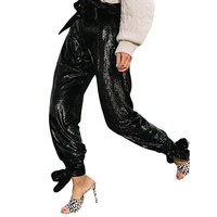 

China Factory Supply High Waist Ankle Tie Black Casual Women Sequin Pants