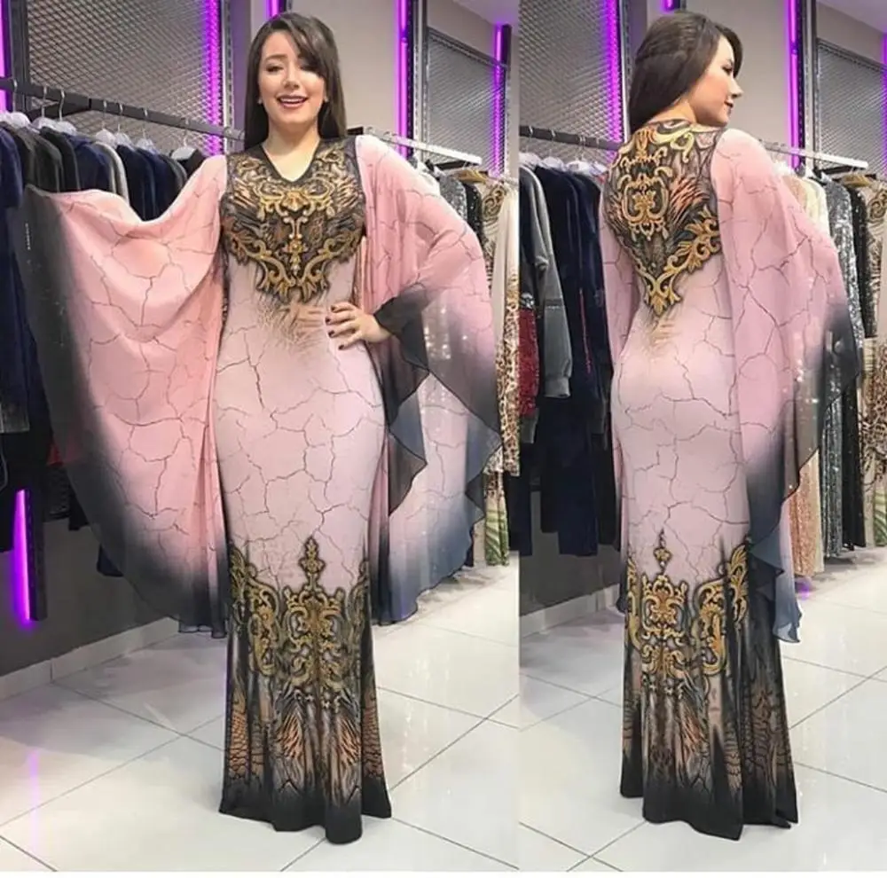 

high quality modest wash painting pattern large sleeve chiffon abaya digital print kaftan dress dubai slim turkish muslim dress, Pink,apricot