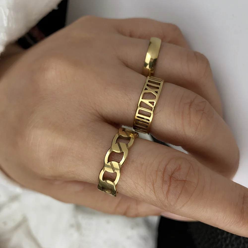 

Geometric chain Roman numeral titanium steel index finger ring three-piece combination men and women golden stainless steel ring