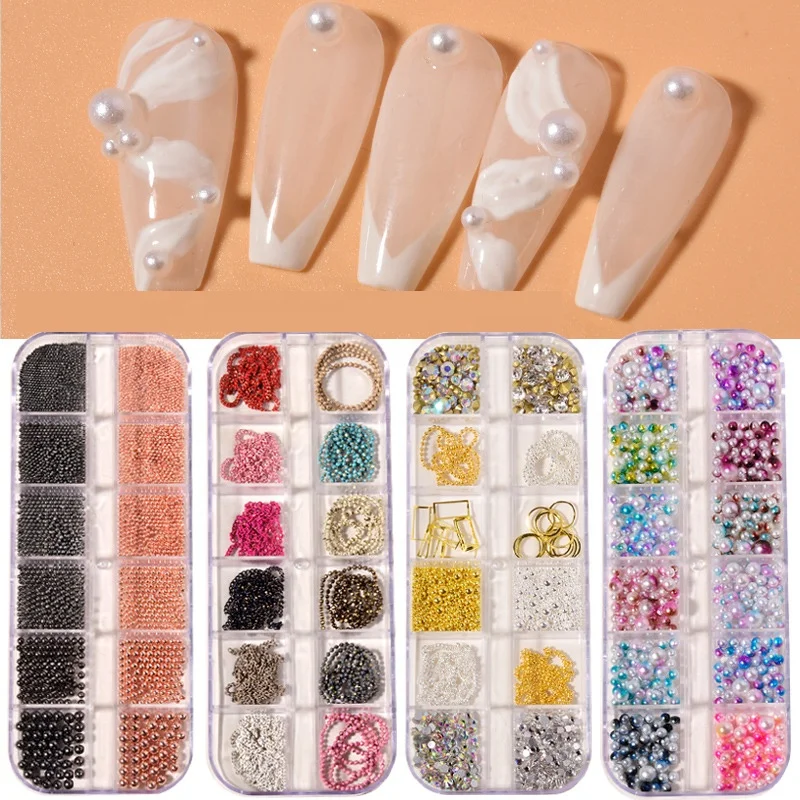 

Paso Sico 20 designs Mixed Stainless Steel Beads Rivet Mixed Pearls Tiny Accessories Metal Chain Rhinestone Nail Art Set Kit