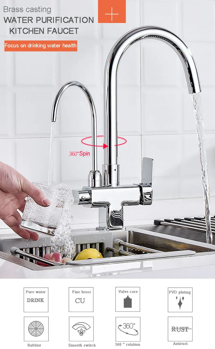 TJJL Kitchen Tap Kitchen Faucet Dual Spout Drinking Water Filter Brass 3 Color Purifier Vessel Sink Mixer Tap Hot And Cold Water