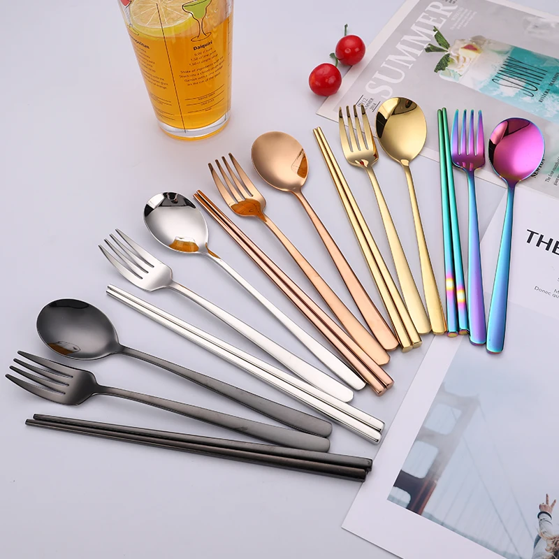 

Eco-Friendly Reusable Elegant Chopsticks Fork Spoon Metal Stainless Steel Utensils Cutlery Set, Silver, gold, rose gold, black, colorful