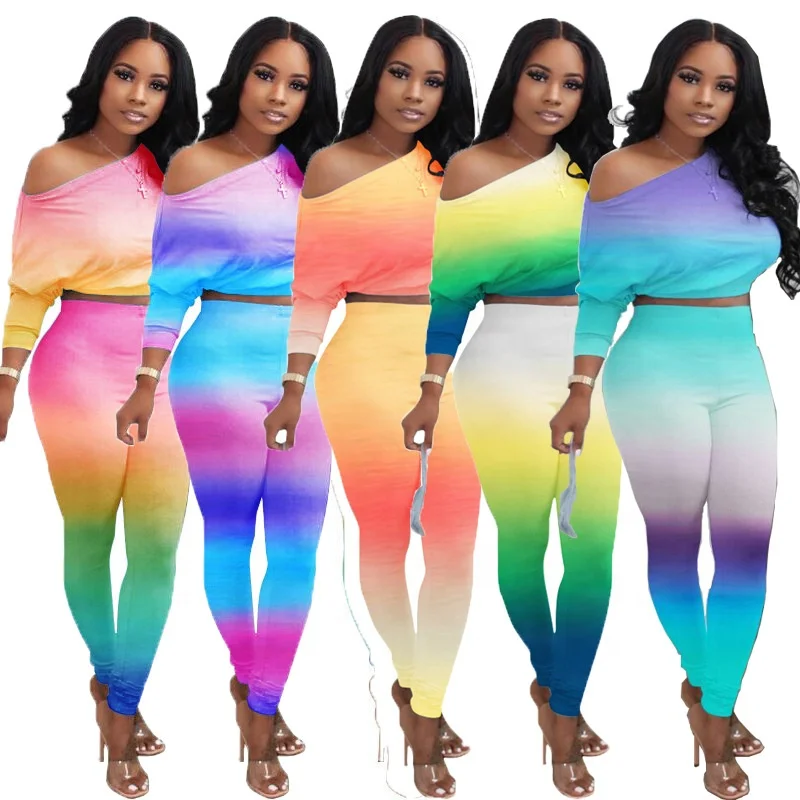 

XY8032 Zoom Life Low MOQ Slash Neck Tops Stretchy High Waist High Quality Gradient Color Two Pieces Set Women Outfits tracksuit