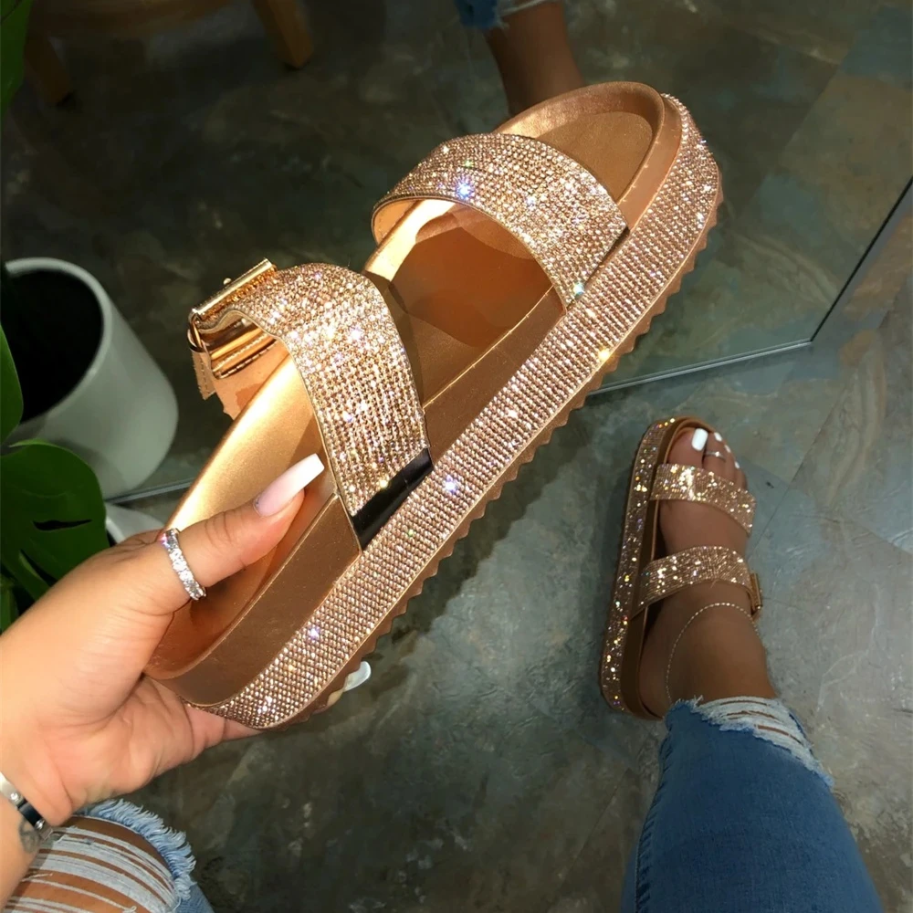 

2021 Summer Ladies Slippers Womens Slides Shoes Trendy Gold Diamond Bling Wedged Sandals For Women, As pictures or customized color