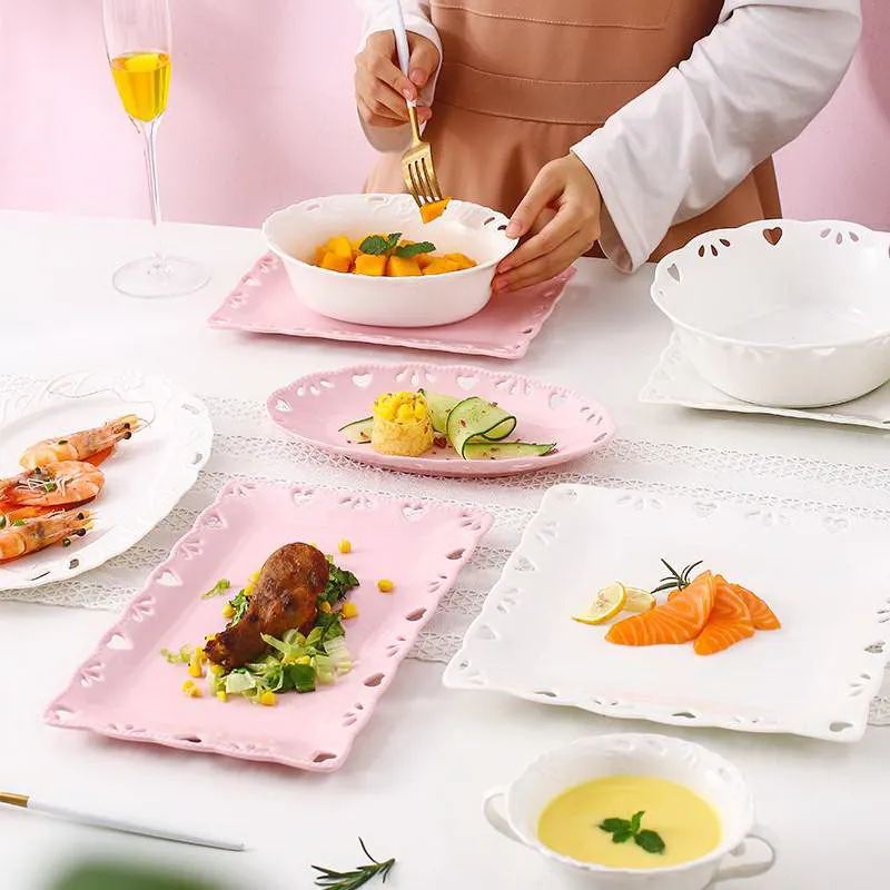 

Factory Direct Classic French Hollow-out Dinner Set Square White Porcelain Plates Sets Pink Ceramic Wedding Dinner Sets, Pink,white