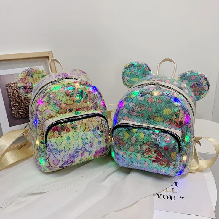 

Wholesale newest children ear school bag with flashlight women travel backpack sequined waterproof backpack, Customized color