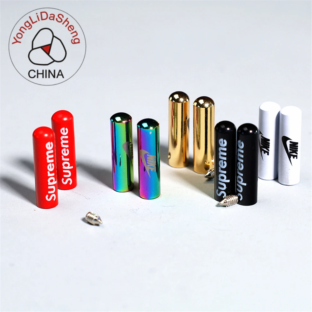 

Custom Logo Metal Aglets Laser logo Shoelace Tip Metal Screw For Sneaker Runner Gift, White/black/pink/customized