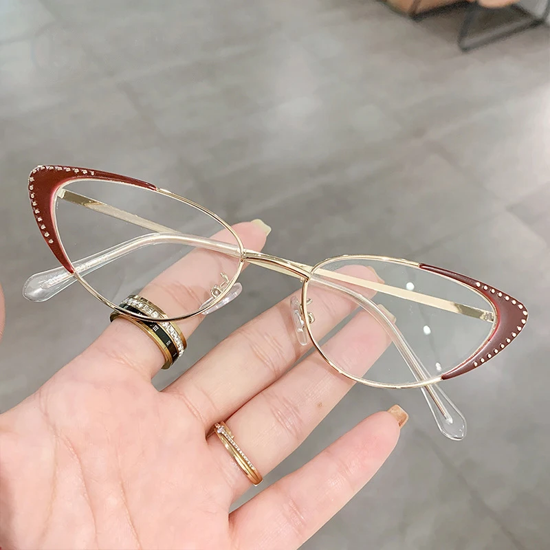 

Fashion Cat-Eye Diamond-Encrusting Ultralight Eye Glasses Small Frame Female Metal Optical Blue Light Blocking Glasses