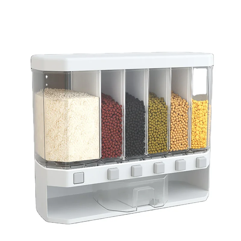 

Factory wholesale rice cereal buckets pet food storage tank press type moisture proof rice dispenser, White/sky blue/transparent