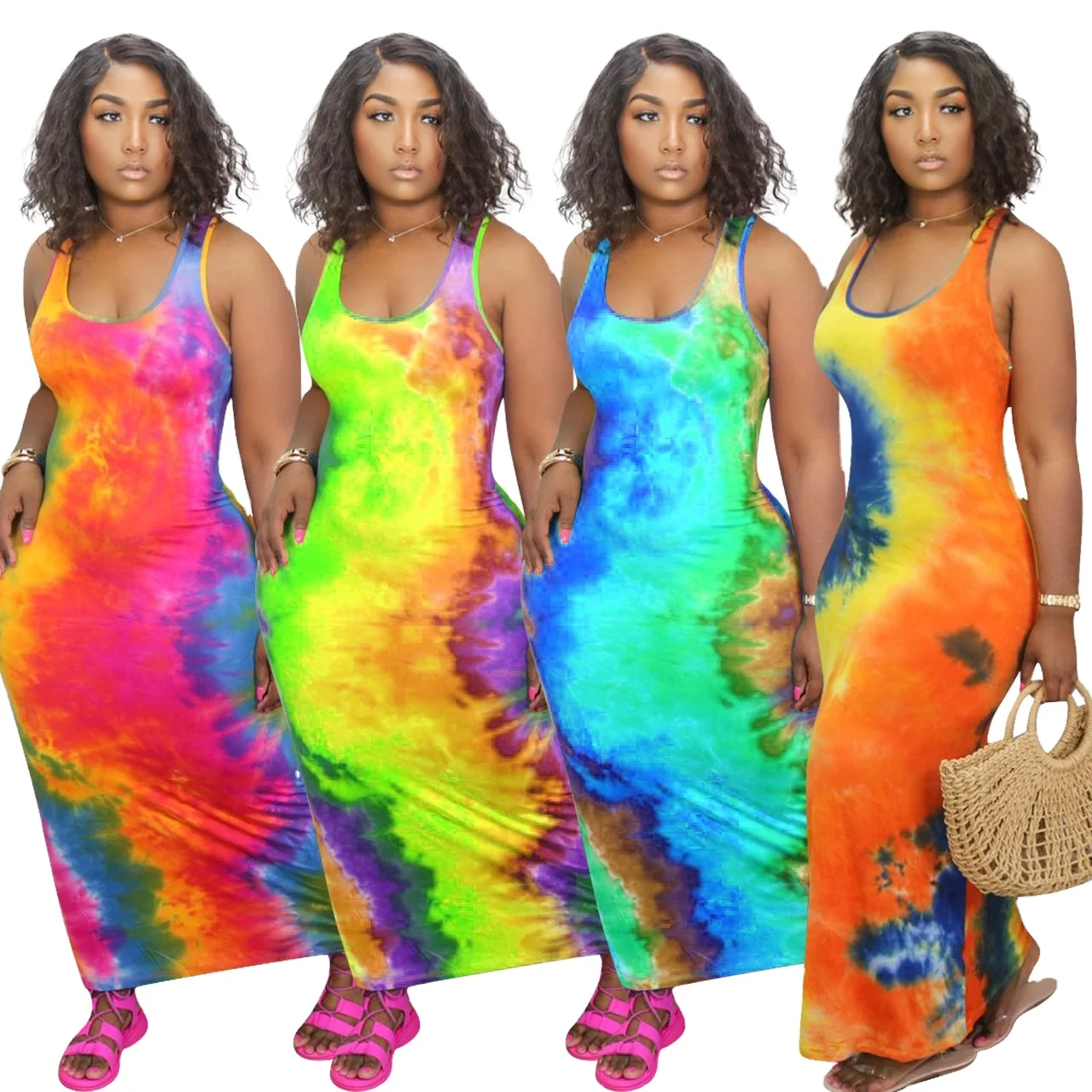 

2021 Summer Hot Selling Wholesale Tie-dye Split Maxi Dress Casual Long Dress Plus Size Women Clothing For Summer