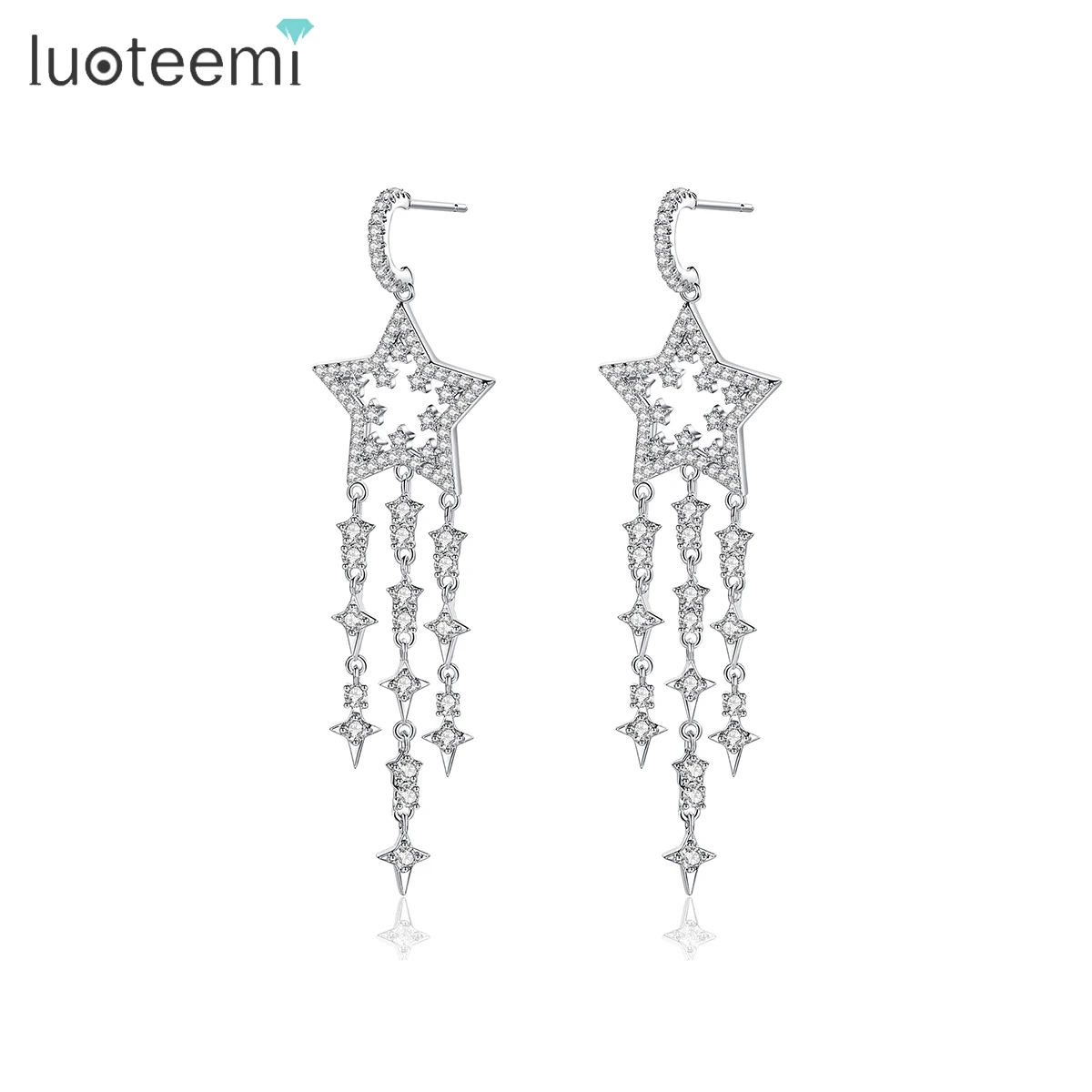 LUOTEEMI Star Drop Cubic Zirconia Large Crystal Big Statement Long For Woman Bohemian Tassel Earring