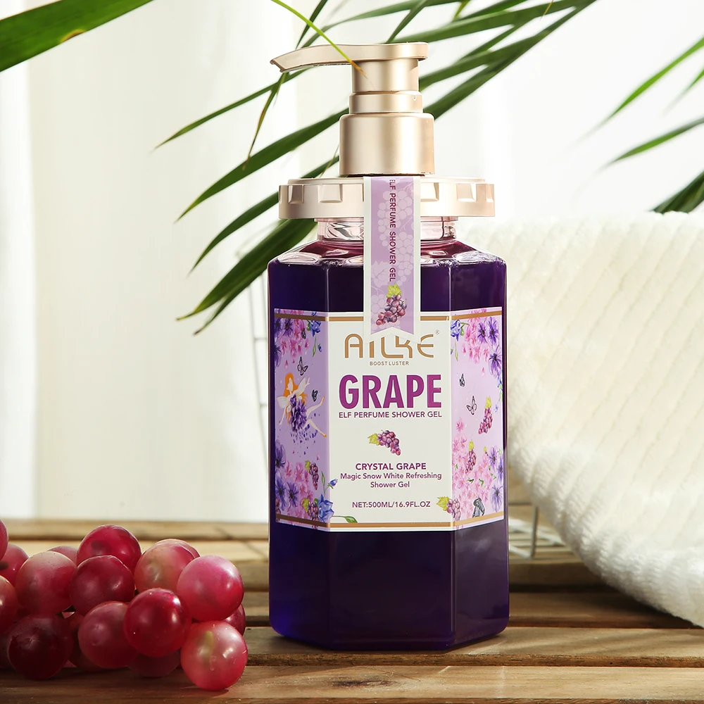 

Wholesale AILKE Luxury Whitening Shower Gel With Fragrance Grape Foam Hotel body wash