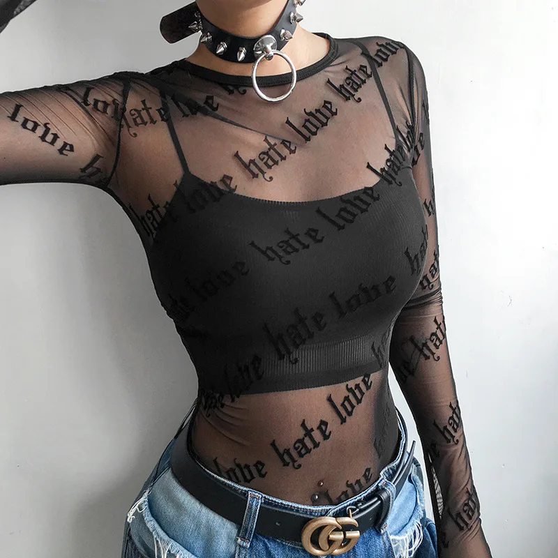 

Transparent Letter Printed Mesh Tops Blouses Summer Streetwear Women Sexy Long Sleeves See-Through T-Shirt, Pictures showed