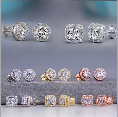 

Square Round Stud Earrings Silver Gold Rose Gold Plated Simple Zircon Stud Earrings for Men Women, Gold,silver ,rose gold
