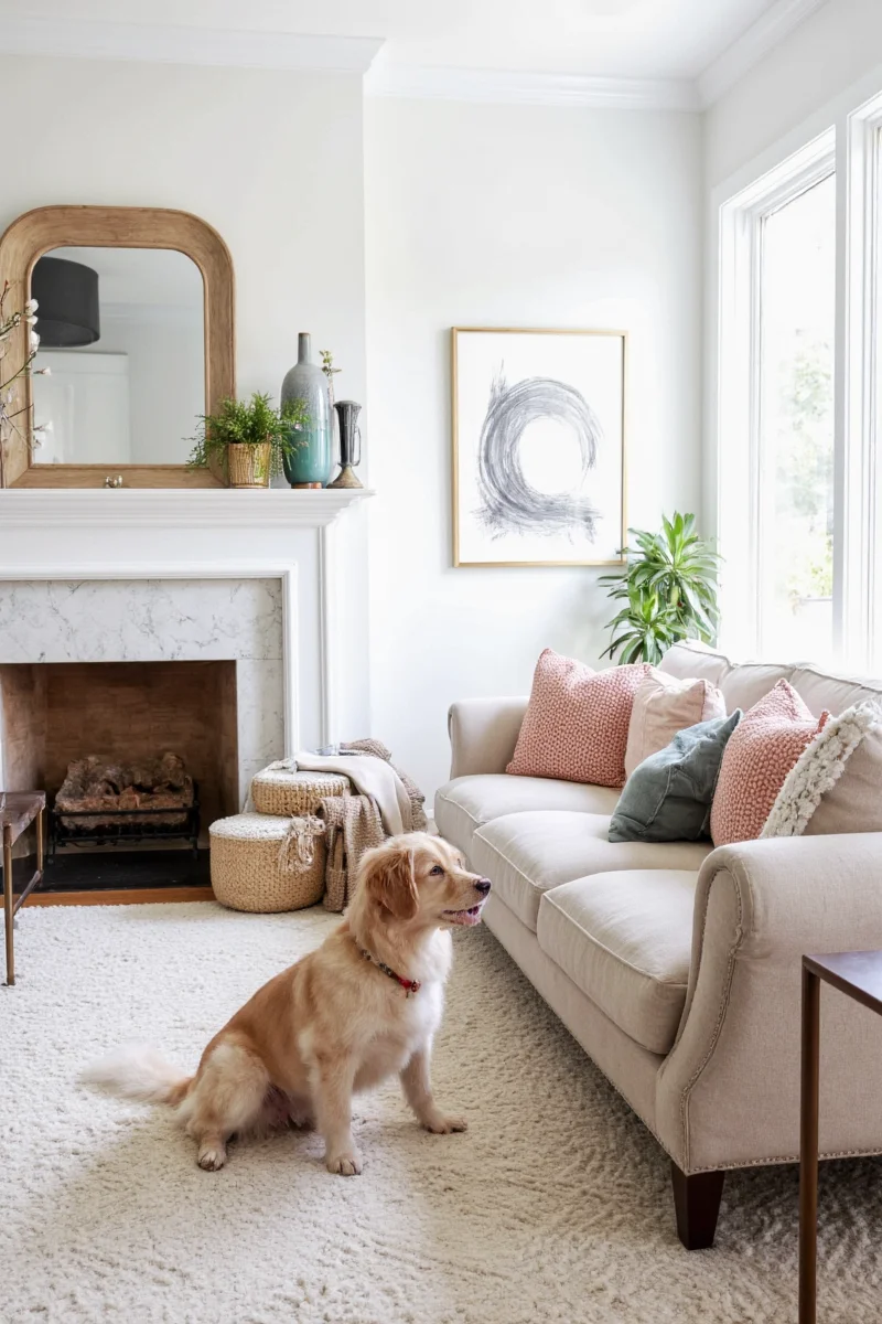 Cozy living room with dog and cat enjoying their own spaces, neutral tones and natural textures