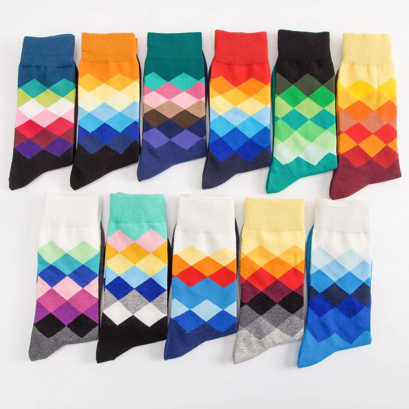 

Pure cotton men argyle design crew novelty long socks women happy socks men colorful hip hop skateboard socks, Diferent colors as picture