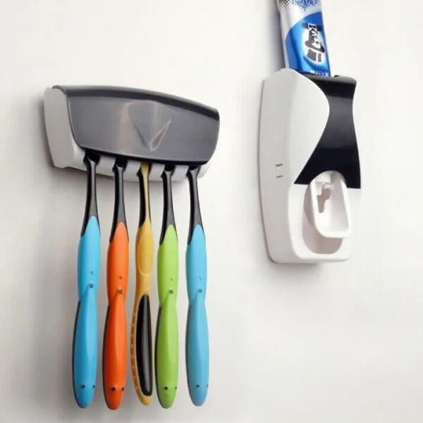 

Hot Sale Style Wall Amounted Automatic Toothpaste Dispenser Set With 5 Toothbrush Holder