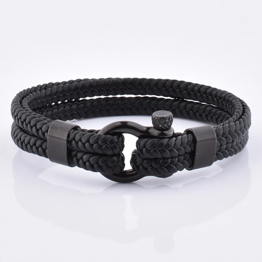 

Hot Sale Jewelry Unisex Handcrafted Black Leather Stainless Steel Shackle Bracelet
